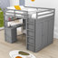 Lit mezzanine en bois pleine grandeur avec 3 tiroirs, bureau et armoire Keisler-83300220