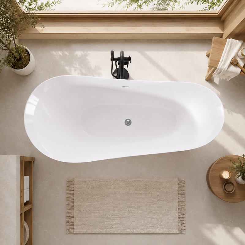 Baignoire ovale en acrylique de 160 cm (63 po) avec bonde centrale et trop-plein intégré, blanc brillant