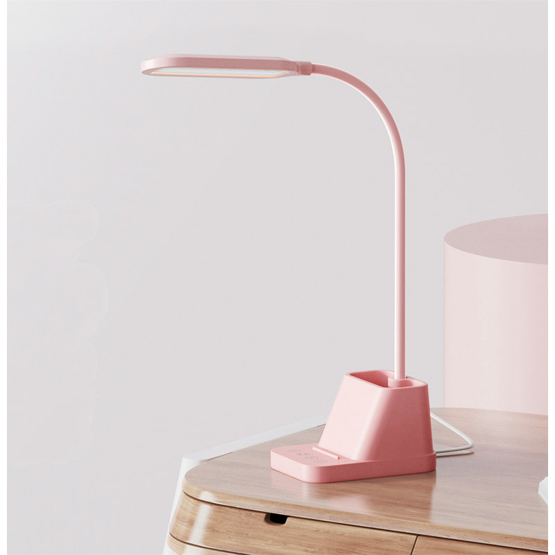 Lampe de table de 23 po avec port USB et prise de courant, lampe de bureau à col de cygne flexible pour enfants, 650LM, support pour téléphone, porte-stylo, réglages de minuterie, bureau essentiel pour chambre à coucher