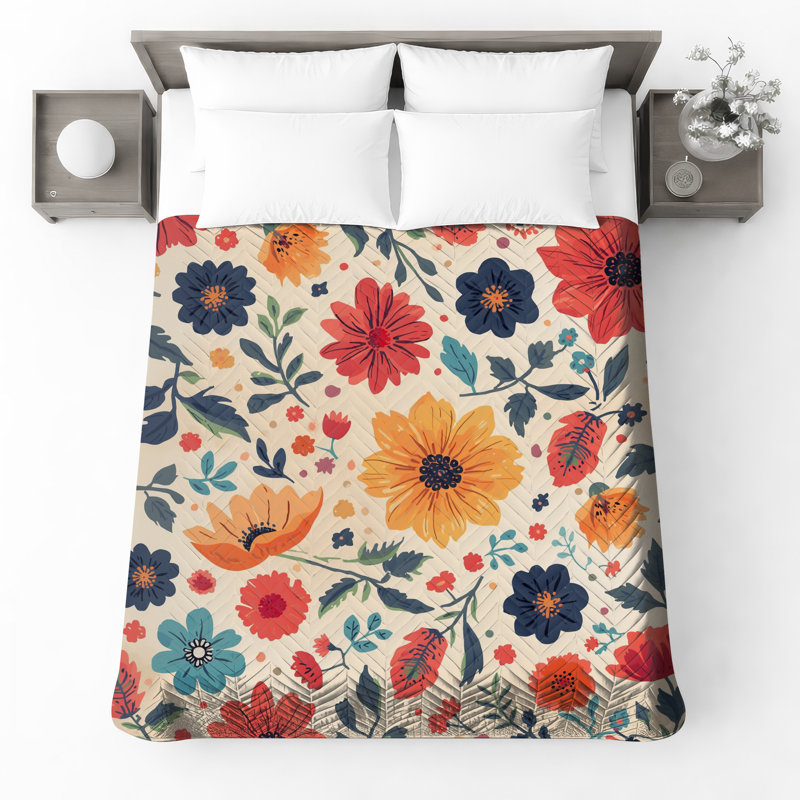 Couvre-lit matelassé à motif floral coloré , Grand lit