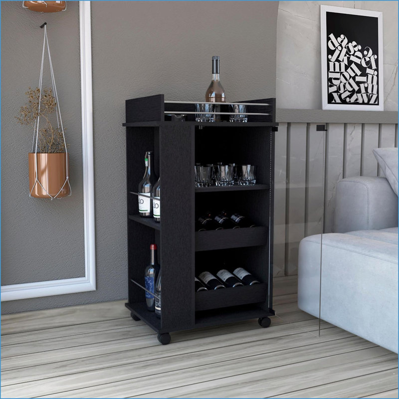 Chariot-bar avec porte vitrée, 2 tablettes latérales et amp; Roulettes | Noir | Panneau de particules, Noir