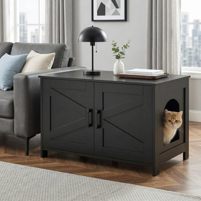 Meuble de toilette en bois pour chat avec porte de grange, maison pour animaux, compatible avec la plupart des bacs à litière, noir
