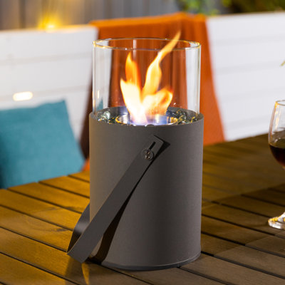 Wax Burning l Metal Tabletop Fireplace with Lockable Handle and Tempered Glass Flame Guard and Rocks