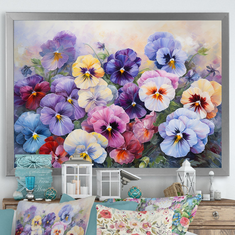 " Purple Pansies Effloresrence III ", Silver Single Picture Framed, 34" H x 44" W x 1.5" D