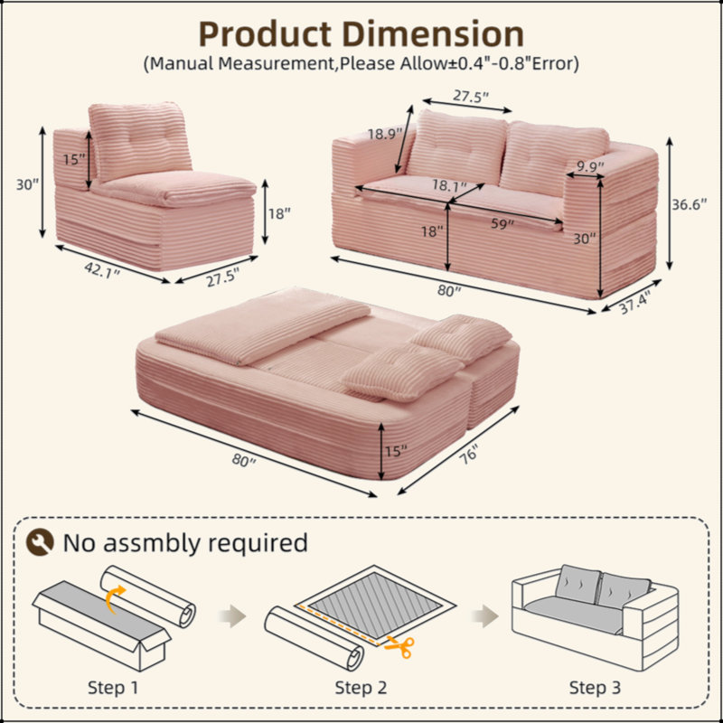 Canapé-lit modulaire multifonctionnel avec méridienne indépendante et couverture fonctionnelle, canapé en velours côtelé moelleux, canapé-lit convertible, lit très grand 80 po, canapé moelleux à assise profonde