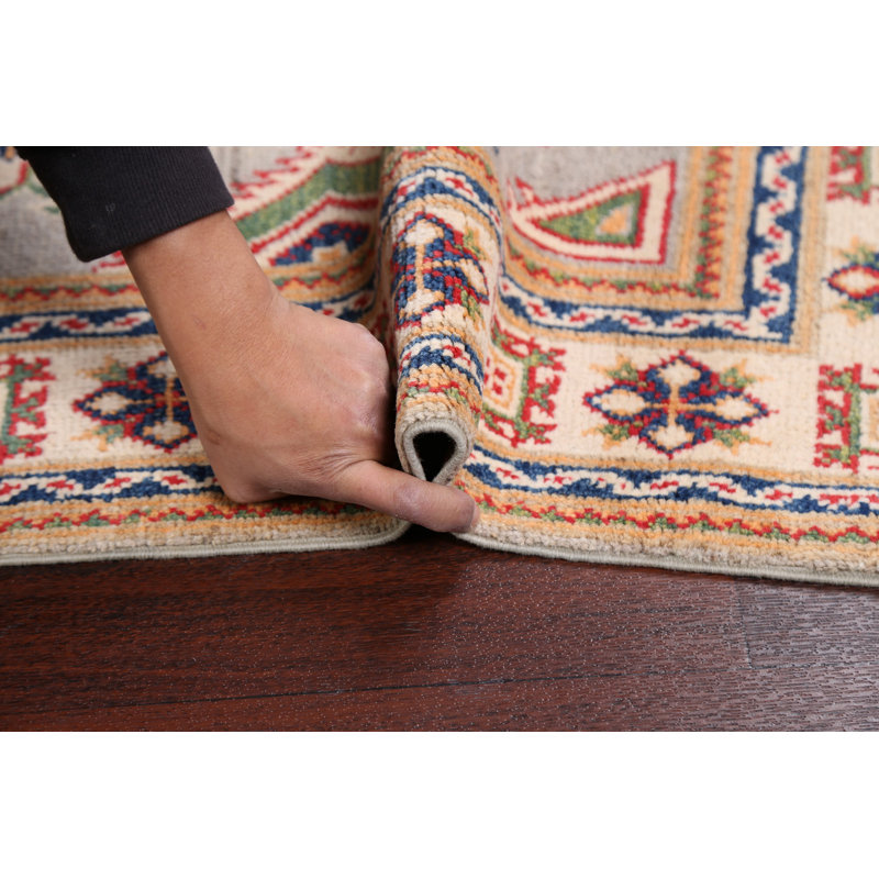Tapis de couloir gris / vert / rouge / ivoire en laine noué à la main de conception unique 2 pi 8 po x 9 pi 6 po