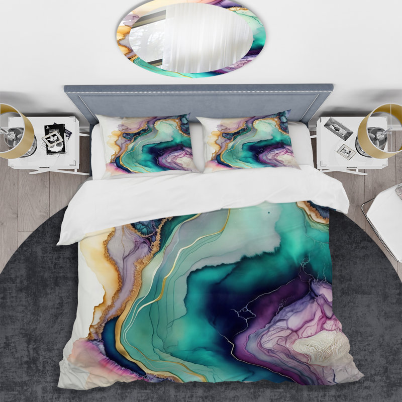 Ensemble de housse de couette en marbre vert et mauve abstrait Geode, Housse de couette pour grand lit et 2 taies décor