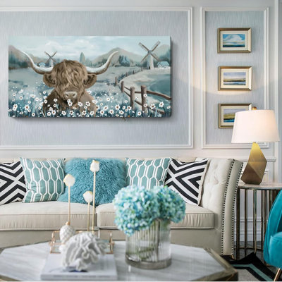 Large Highland Cow Wall Art For Living Room Animal Canvas Print Rustic Farmhouse Cow Picture Cattle In The White Daisy Flower Bush Countryside Landscape Painting Framed Artwork For Bedroom 24X48inch