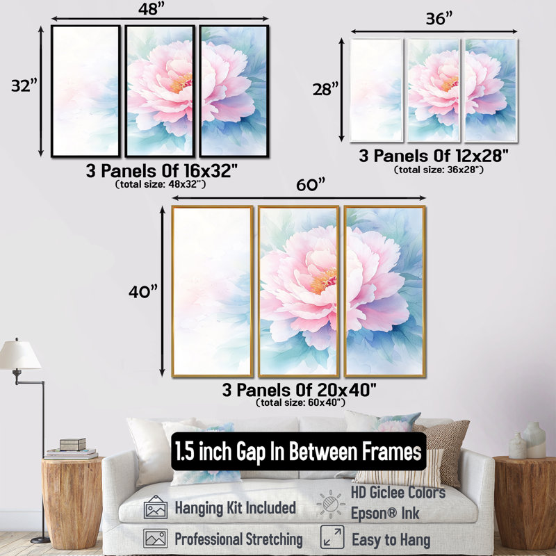 Adamantia - ensemble d'art mural pivoines, H 28 po x l 36 po, Reproduction avec cadre flottant, Argent argent