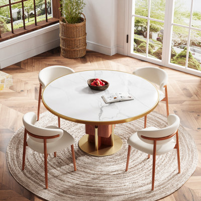 5-Pieces/7-Pieces/9-Pieces Round Dining Table Set With Upholstered Chairs Heat & Stain Resistant Sintered Stone Pedestal Dining Table 47"/53"/59" For Kitchen & Dining Room