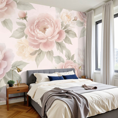Peel and Stick Wallpaper Vintage Peony Floral Soft Blush Pink Cream Sage Green Leaves Romantic Wall Murals 100"H x 144"W Removable PVC Wall Paper Self-Adhesive Wall Decor for Bedroom Living Room Sofa Background