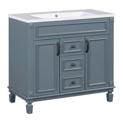 Modern Bathroom Storage Vanity With Top Sink, 2 Soft Closing Doors & 2 Drawers