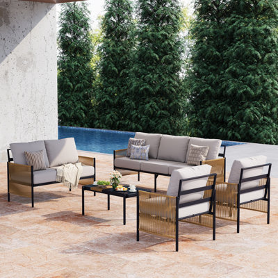 Outdoor Patio Furniture Set, 5 Piece Patio Conversation Sets with Coffee Table, HDPE Rope & Aluminum Armrests, All Weather Patio Set with Thick Cushions for Deck, Backyard, Indigo Ink