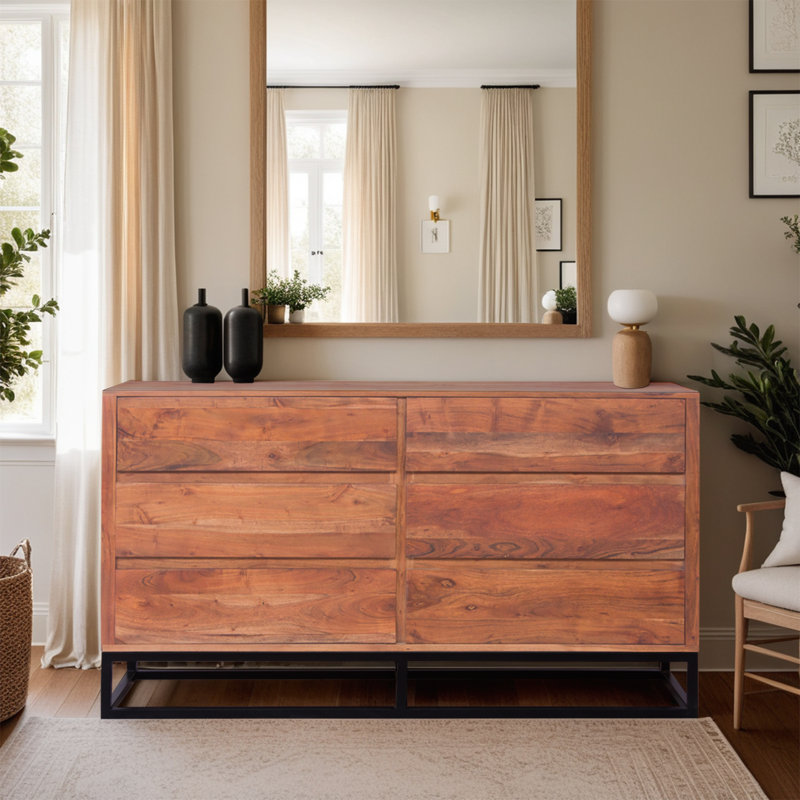 Pantai Modern 6 Drawers Acacia Wood Dresser or Display Unit With Metal Base, Walnut Brown and Black