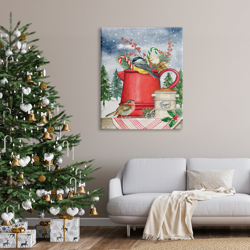 Hiver, oiseaux perchés, bouilloire, houx et sapins botaniques, estampe numérique encadrée, art texturé noir, Toile tendue