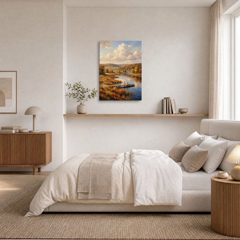 Tableau sur toile représentant une rivière et un quai en bois dans un paysage d'automne, H 18 po x l 12 po