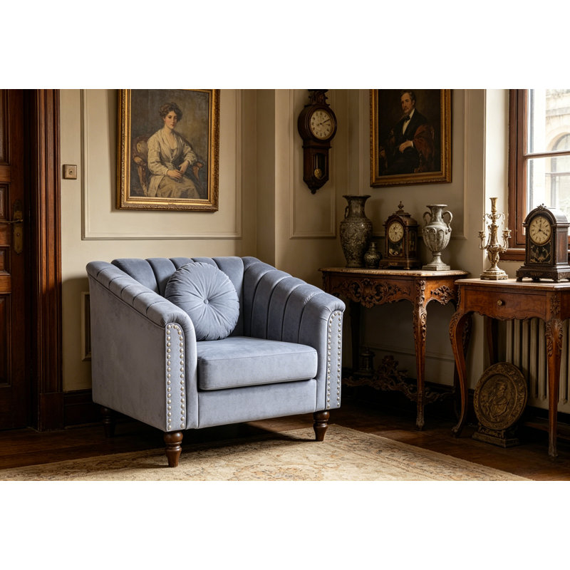 Jeliana 31 Wide Lint Sofa Chair Upholstered Single Sofa Chair with Rivet Decor Rolling Armrests, Violet Linen Blend