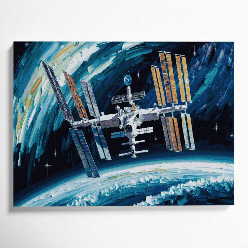 Art mural sur toile bleue, "Space International Space Station", H 20 po x l 24 po