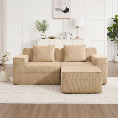 Canapé modulaire en forme de L à siège profond en tissu de velours côtelé moderne avec repose-pieds et coussins décoratifs pour le confort du salon
