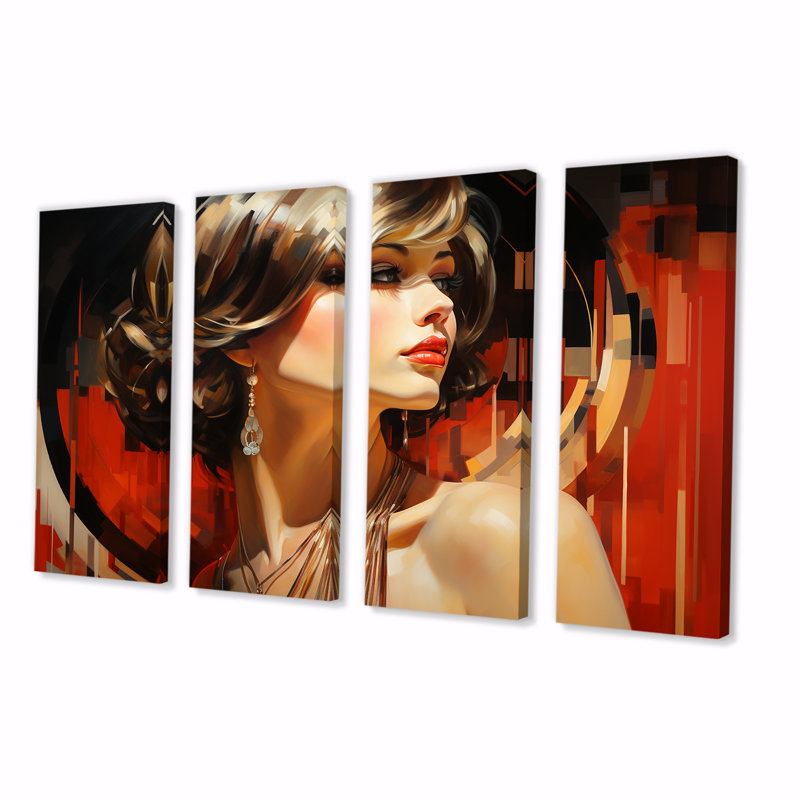 Red Allure Glam Woman Portrait I - Woman, art mural 4 pièces, H 28 po x l 48 po