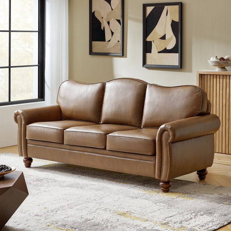 Dielle Transitional 81" Wide Leather Sofa with Solid Wood Legs, Brown