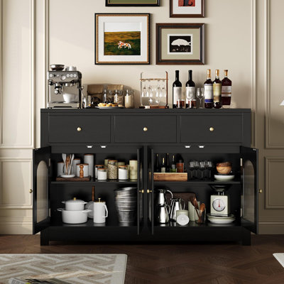 Modern Buffet Cabinet with Storage – 55 Inch Sideboard, Arched Acrylic Fluted Doors, 3 Drawers, Adjustable Shelves – Entryway, Dining Room, Kitchen Organizer, Black, US Standard