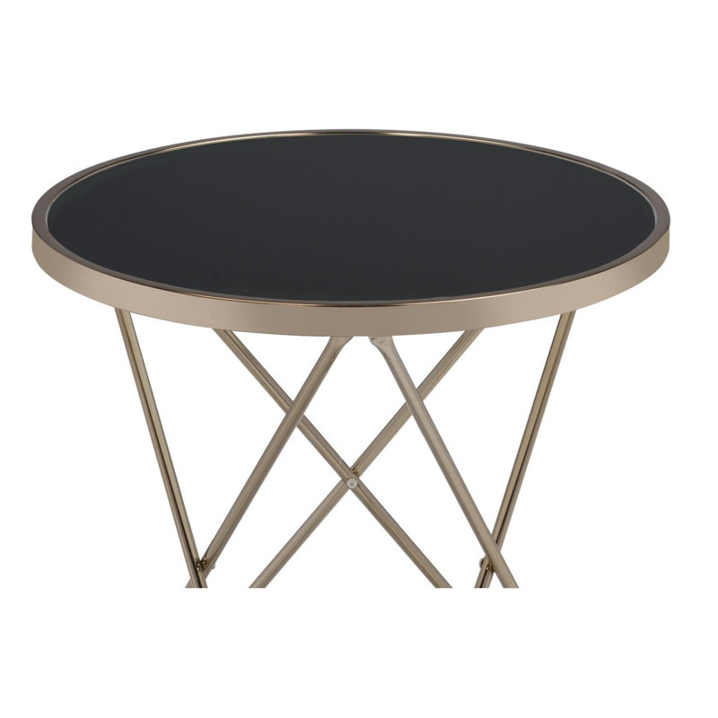 Table de bout ronde Mid-Century moderne avec plateau en verre noir et base en métal champagne