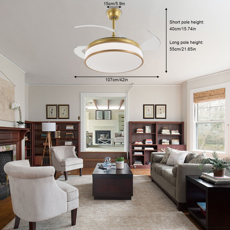 Gold 42'' Retractable Blade Ceiling Fan with LED Light and Remote