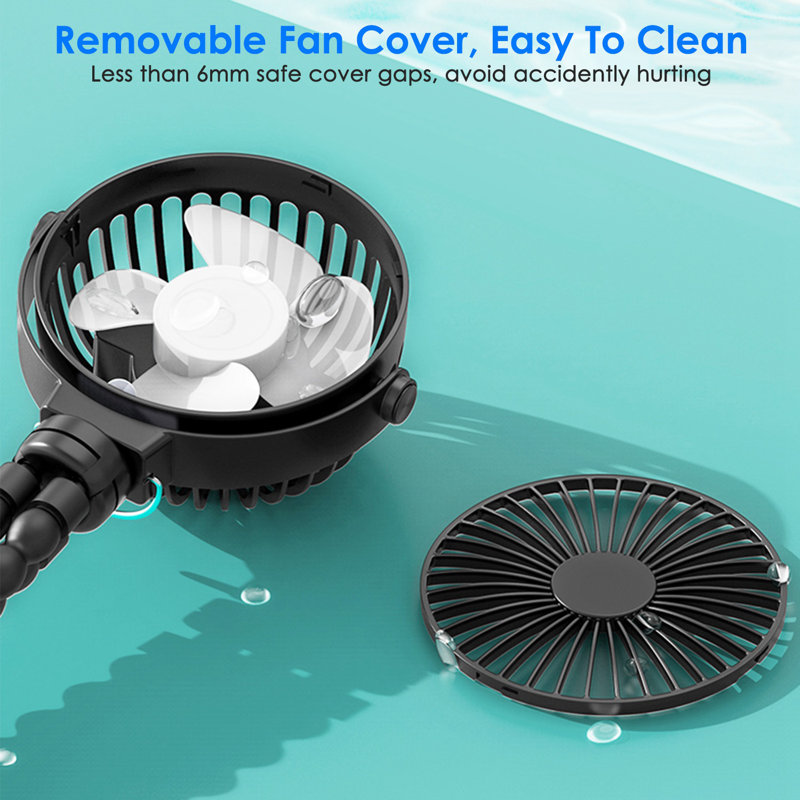Ventilateur portatif pour poussette avec trépied flexible - 3 vitesses, inclinable à 360 °, rechargeable, Blanc