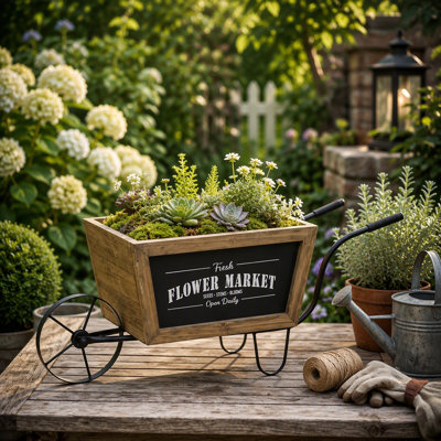 Jardinière en forme de brouette en bois avec cadre en fer et panneau « Marché aux fleurs »