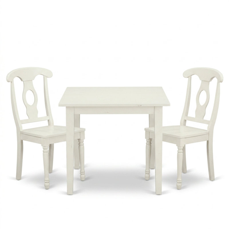 Ensemble de salle à manger rectangulaire 3 pièces en hévéa blanc lin avec rallonge papillon et 2 chaises de salle à manger à dossier Napoléon pour petits espaces