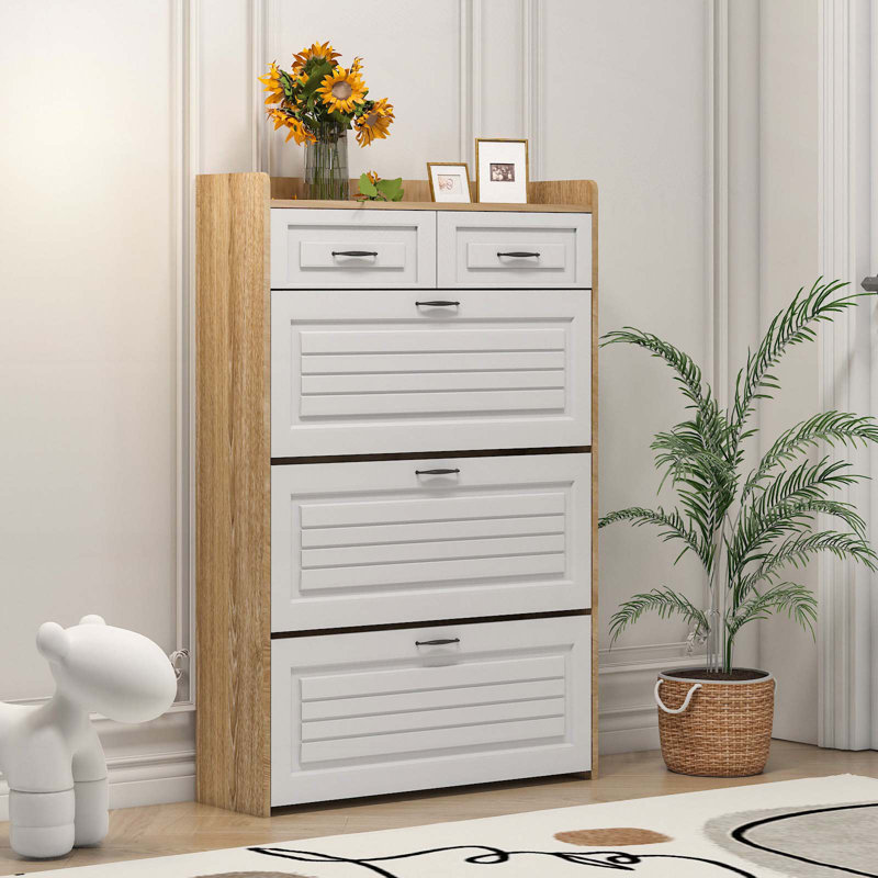 Shoe Cabinet with 3 doors 2 drawers,Large Space for Storage, Natural/White