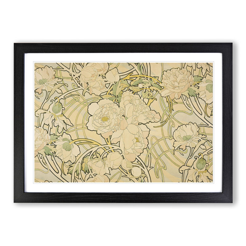 Peonies by Alphonse Mucha - Picture Frame Painting, 48cm H x 65cm W x 2cm D, Black Framed