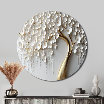 White Orchid Tree Garden Of Branches IV - Landscapes Round Metal Wall Home Decor