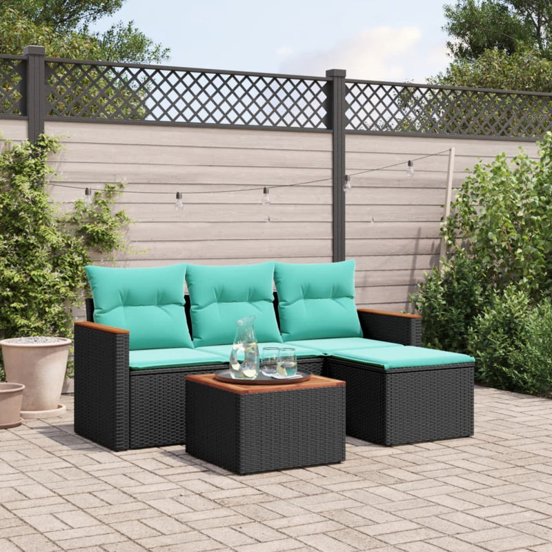 Ensemble de canapé de patio 5 pièces avec coussins en rotin de polyester, Bleu clair, Noir