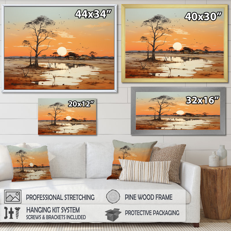 «African Landscape Sunset I», reproduction sur toile, Cadre simple argenté, H 16 po x l 32 po x P 1 po