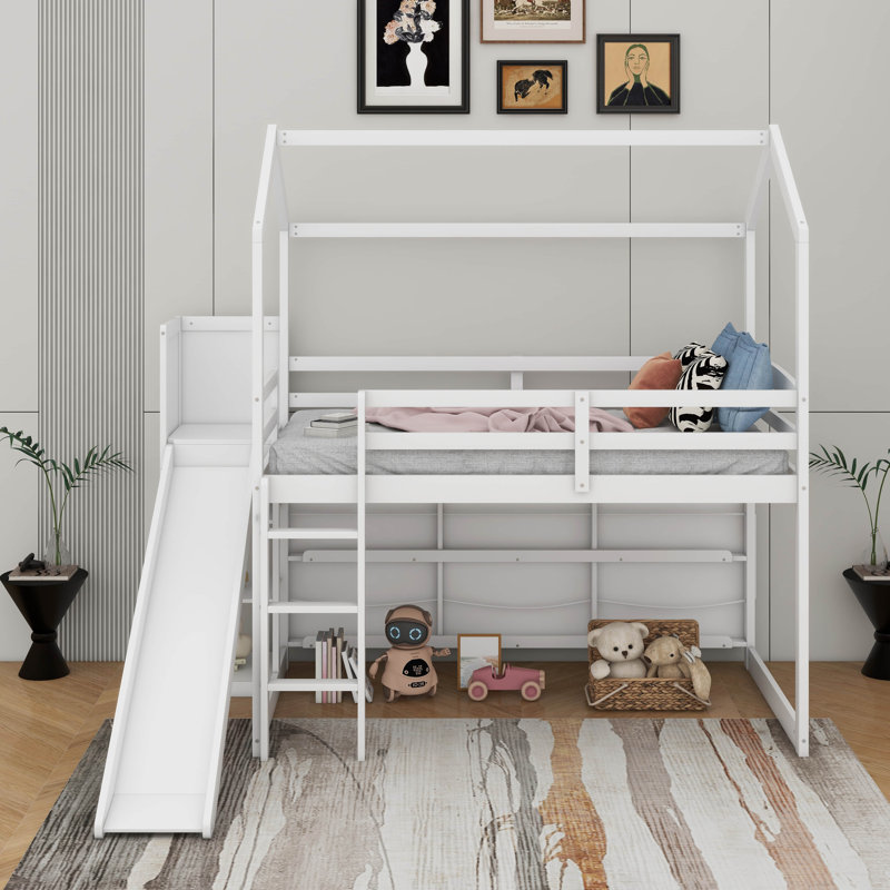Lit mezzanine simple avec tablettes et lumière, Blanc