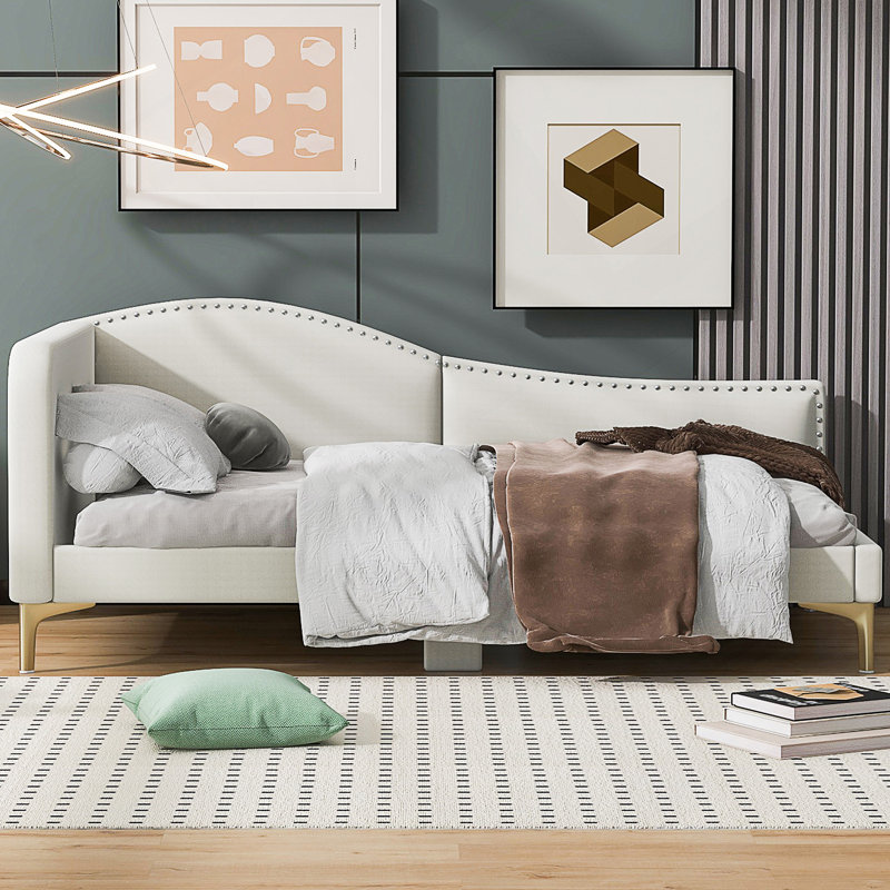 Twin Size Upholstered Daybed With Headboard, Armrest, And Support Legs For Comfort And Style., Beige, Twin