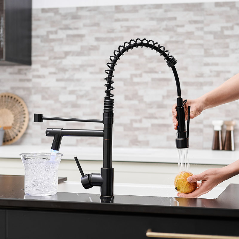Robinet de cuisine à DEL huilé en bronze huilé avec levier rétractable, levier simple, douchette à double réglage, bronze, débit d'eau personnalisable