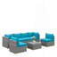 Ensemble de patio 7 pièces en osier gris avec coussins amovibles bleu clair et table basse en verre pour l'extérieur, la piscine et la cour