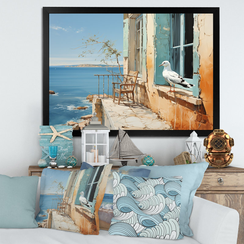 «Seagulls Perch Horizon III - Coastal Windows», art mural, Cadre d'angle fermé noir, H 16 po x l 32 po x P 1 po