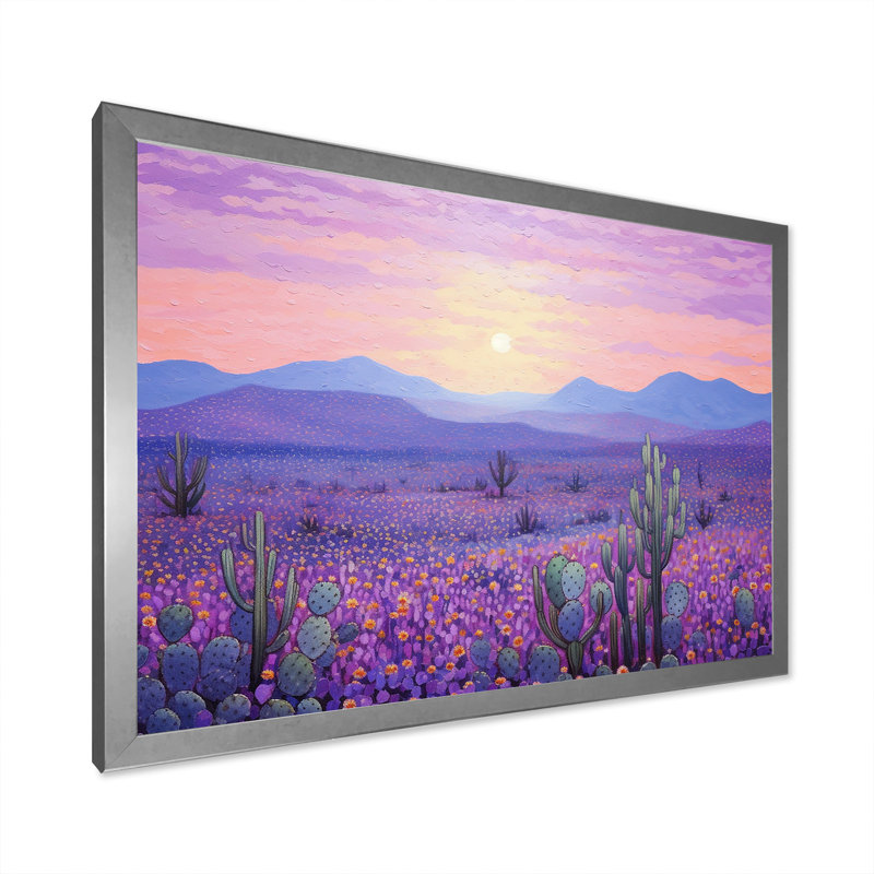 Cactus lavande paysage I sur toile, H 30 po x l 40 po x P 1,5 po, Cadre simple argenté