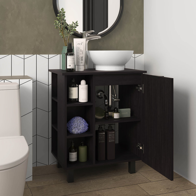 Meuble-lavabo de salle de bain avec 8 tablettes de rangement et une seule porte, finition pour une ambiance chaleureuse et élégante, 4 piliers aux pieds