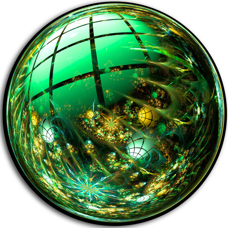 « brillante green fractal sphere », impression sur métal, H 38 po x l 38 po x P 1 po