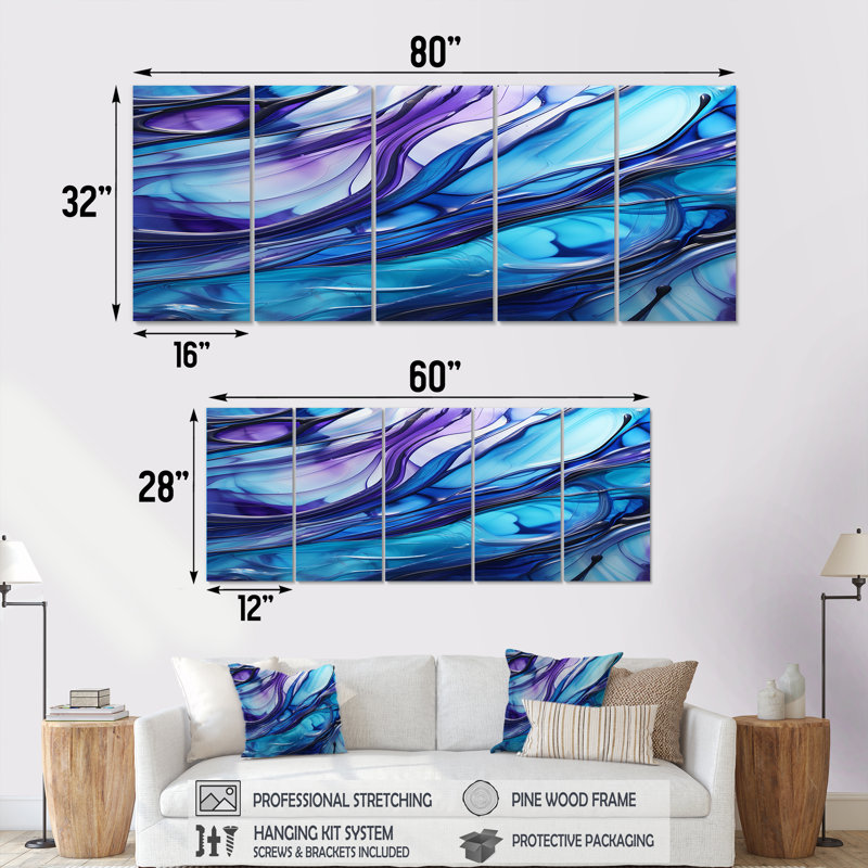 «Inner Nebula Deep Blue - Waves», art mural sur toile, 5 pièces, H 32 po x l 80 po