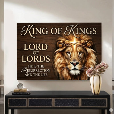 1Pc Framed Canvas Poster Print Lion crowned with thorns and roses, King of Kings text, Religious iconography style. Wall Art Decor, Perfect for Room Decor Living Room Bedroom Office Kitchen Bathroom Home Decor, Ideal Home Wall Decoration Gift, 2D Flat