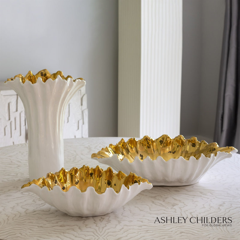 Organic Wave Oval Bowl-White-Lg, 5.75" H x 18.50" W x 10.50" D, White/Gold