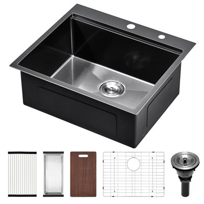 25 éviers de cuisine en acier inoxydable noir 25x22 station de travail d'évier de cuisine noir, éviers encastrés à cuve simple en acier inoxydable de calibre 16 Scamall
