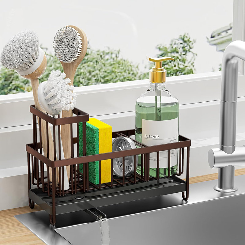 360° Rotating Spout Sink Caddy With Brush Holder - Rustproof Stainless Steel Sink Organizer
