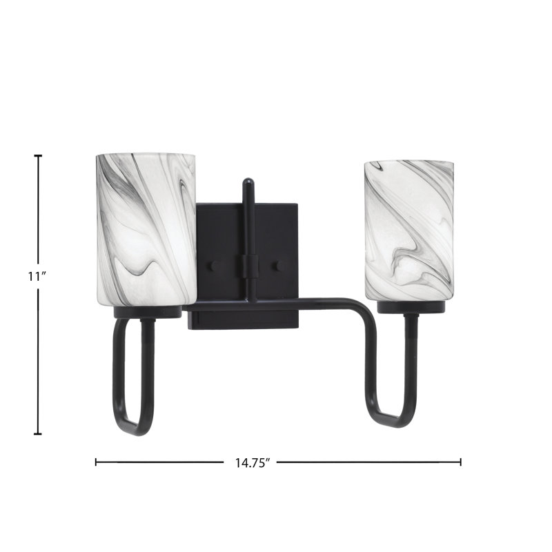 Barre d'éclairage de salle de bain 2 lumières Amarmula, finition noir mat, verre tourbillon onyx 4 po, Noir